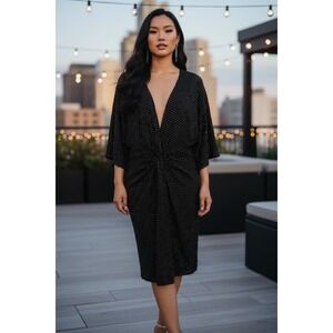 Bebe Dress Large Black Silver Studded Twist Front Deep V-Neck Kimono Sleeve Midi